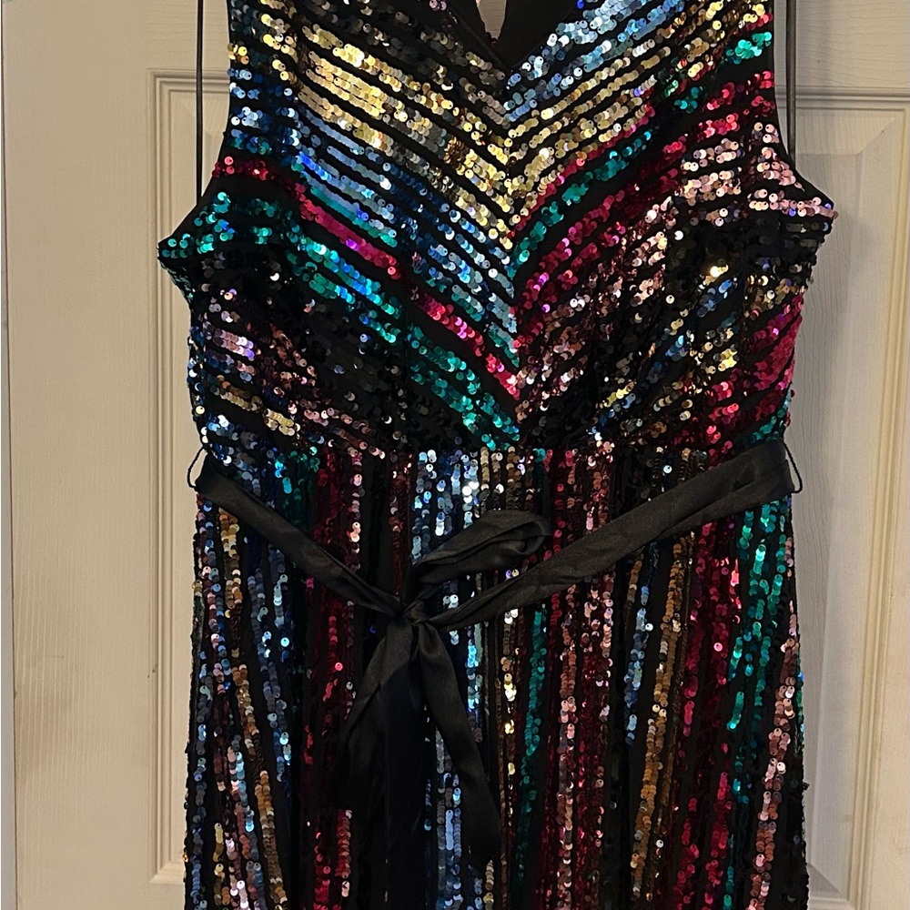 Multicolor Sequin Dress with Black Ribbon